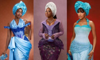 Bridesmaids in a collage wearing heavily beaded turquoise-blue AsoEbi with matching blue geles, and a royal purple beaded gown with a white gele. lace gown with a white gele.