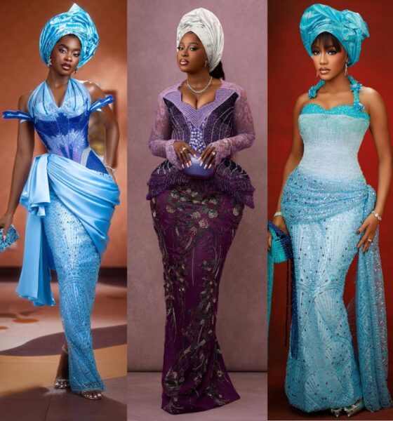 Bridesmaids in a collage wearing heavily beaded turquoise-blue AsoEbi with matching blue geles, and a royal purple beaded gown with a white gele. lace gown with a white gele.