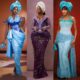 Bridesmaids in a collage wearing heavily beaded turquoise-blue AsoEbi with matching blue geles, and a royal purple beaded gown with a white gele. lace gown with a white gele.