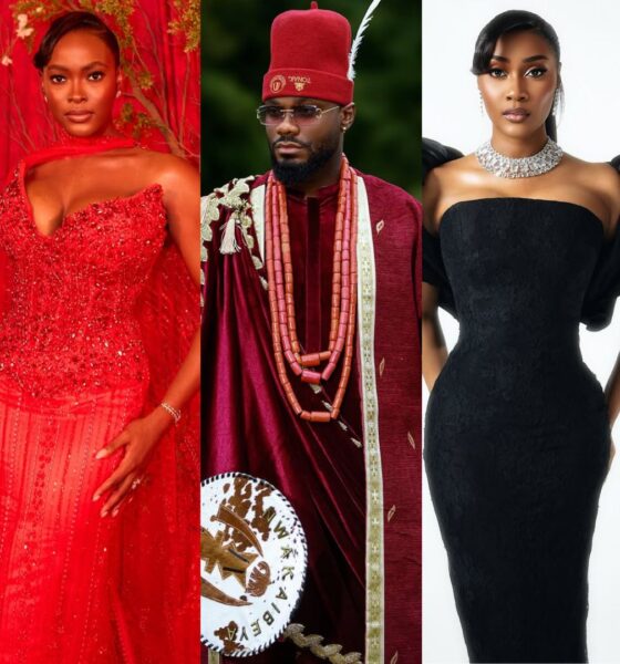 A collage from the Aba Blues movie premiere featuring Angel Anosike, Prince Nelson, and Toni Tones in stunning red carpet attire.