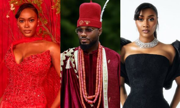 A collage from the Aba Blues movie premiere featuring Angel Anosike, Prince Nelson, and Toni Tones in stunning red carpet attire.