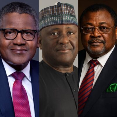 A collage of Nigeria’s top billionaires on the 2026 Forbes list, featuring Aliko Dangote, Abdulsamad Rabiu, and Mike Adenuga.