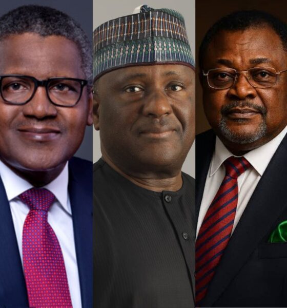 A collage of Nigeria’s top billionaires on the 2026 Forbes list, featuring Aliko Dangote, Abdulsamad Rabiu, and Mike Adenuga.