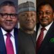 A collage of Nigeria’s top billionaires on the 2026 Forbes list, featuring Aliko Dangote, Abdulsamad Rabiu, and Mike Adenuga.