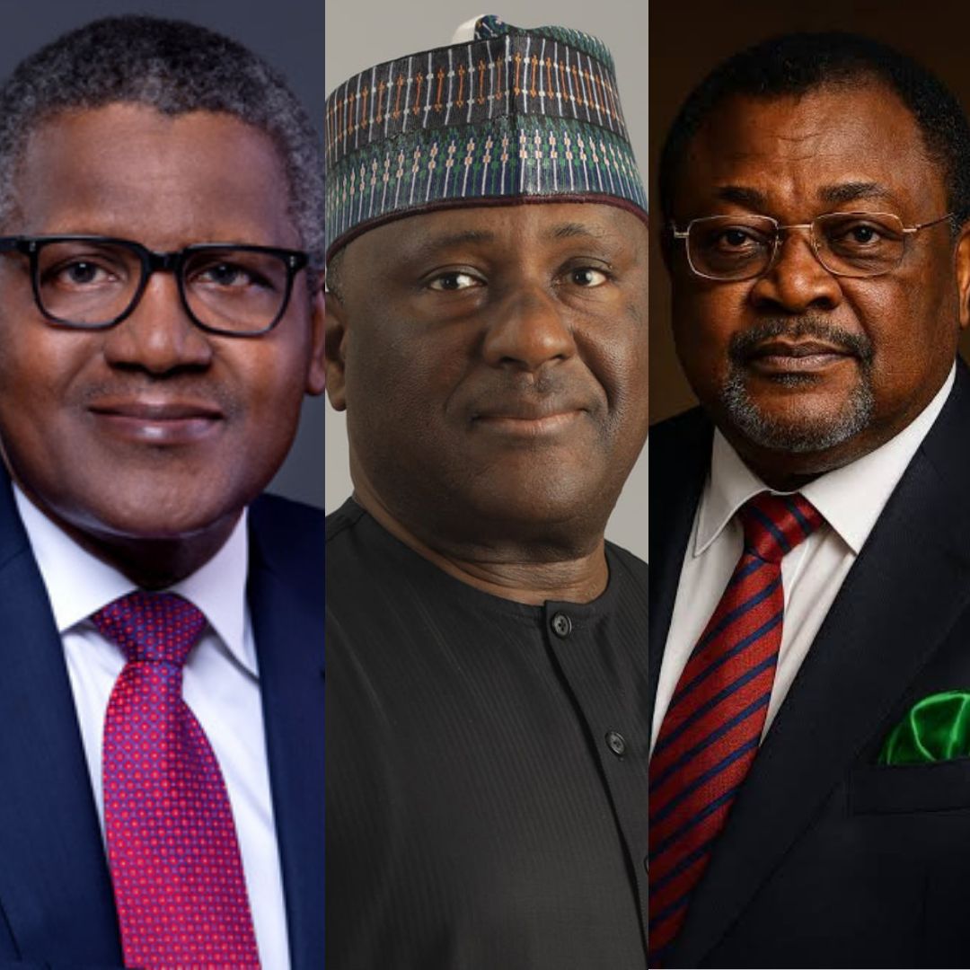 A collage of Nigeria’s top billionaires on the 2026 Forbes list, featuring Aliko Dangote, Abdulsamad Rabiu, and Mike Adenuga.