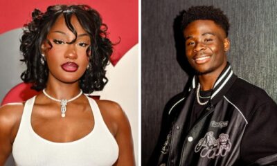 A collage of Tems in a white corset dress and Bukayo Saka in a black leather varsity jacket.