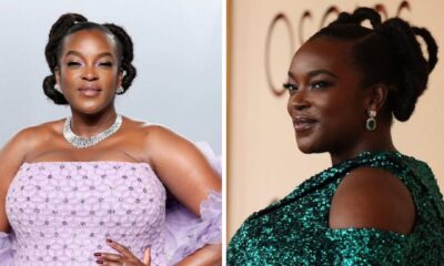 Wunmi Mosaku at the 2026 Oscars and Vanity Fair Party. Left: wearing custom Georges Chakra in purple; Right: wearing custom emerald Louis Vuitton.