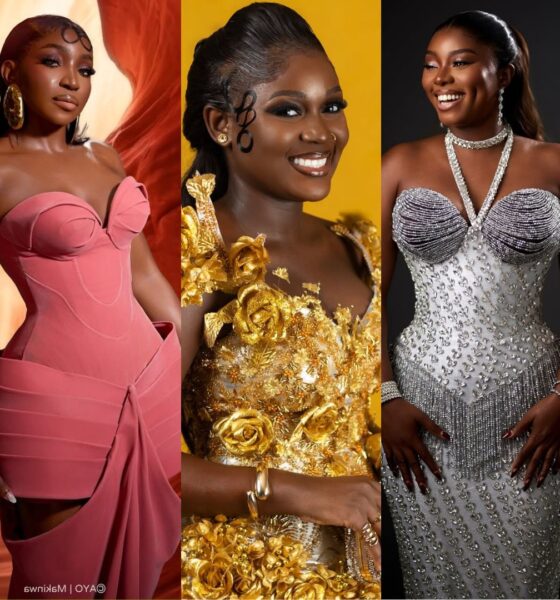 A trio of standout "Superstar" themed looks from the Evi premiere at Filmhouse IMAX Lekki. Featuring Omowunmi Dada’s architectural pink gown, leading lady Osas Okonyon’s 3D gold rose gown, and Dorcas Owolagba’s silver embellished silhouette.