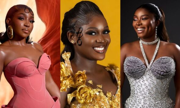 A trio of standout "Superstar" themed looks from the Evi premiere at Filmhouse IMAX Lekki. Featuring Omowunmi Dada’s architectural pink gown, leading lady Osas Okonyon’s 3D gold rose gown, and Dorcas Owolagba’s silver embellished silhouette.