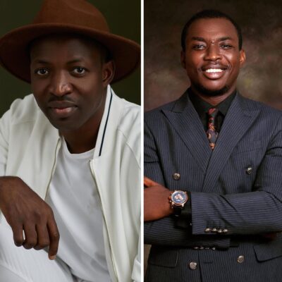 A collage of two portraits: Dunsin Oyekan in a white jacket and brown hat (left) and Theophilus Sunday in a pinstriped navy suit (right).
