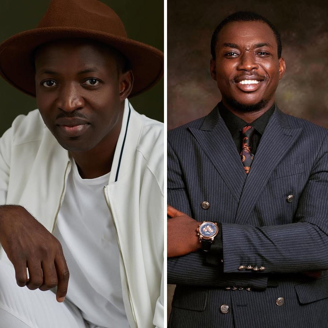 A collage of two portraits: Dunsin Oyekan in a white jacket and brown hat (left) and Theophilus Sunday in a pinstriped navy suit (right).