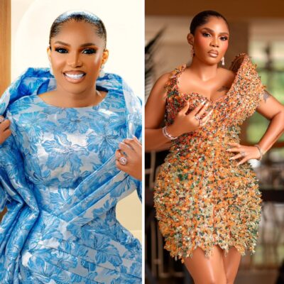 Two-panel collage of Iyabo Ojo at the premiere of The Return of Arinzo, showcasing a regal blue gown and a vibrant crystal-fringed mini dress.