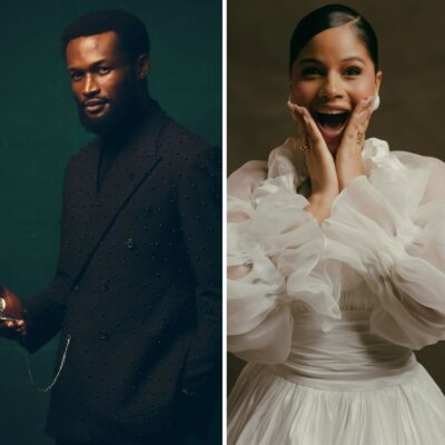 A split photo collage featuring Bucci Franklin in a black studded suit against a green background (left) and Sunshine Rosman with a wide-eyed, joyful expression in a voluminous white dress (right), both on the set of the film "The Creek."
