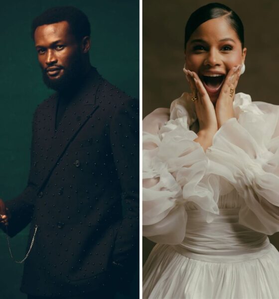 A split photo collage featuring Bucci Franklin in a black studded suit against a green background (left) and Sunshine Rosman with a wide-eyed, joyful expression in a voluminous white dress (right), both on the set of the film "The Creek."