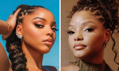 Close-up beauty shots of Chloe Bailey’s sleek braid and Halle Bailey’s curly updo at the 2026 Essence awards.