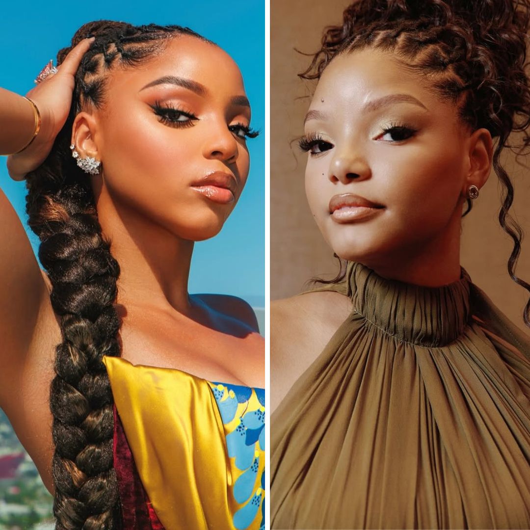 Close-up beauty shots of Chloe Bailey’s sleek braid and Halle Bailey’s curly updo at the 2026 Essence awards.