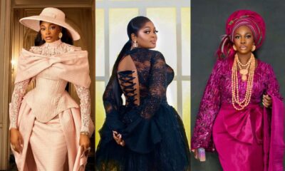 Nollywood stars Kiddie in blush pink, Eniola Badmus in black lace, and Medlin Boss in fuchsia traditional attire at the Return of Arinzo premiere.