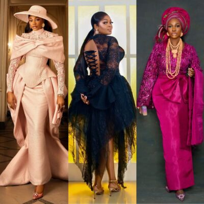 Nollywood stars Kiekie in blush pink, Eniola Badmus in black lace, and Medlin Boss in fuchsia traditional attire at the Return of Arinzo premiere.