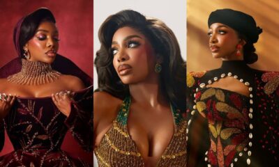 A three-panel collage of Chioma Ikokwu (Chioma Goodhair) showing her wardrobe for The Return of Arinzo premiere: the deep burgundy Sevon Dejana velvet gown (left), the topographic Djec Fashion halterneck (centre), and the Cameroonian-inspired Amy Aghomi cape (right).