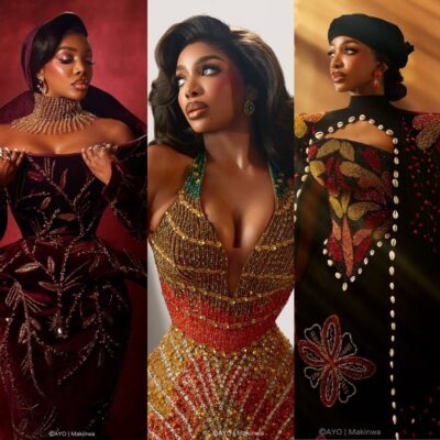 A three-panel collage of Chioma Ikokwu (Chioma Goodhair) showing her wardrobe for The Return of Arinzo premiere: the deep burgundy Sevon Dejana velvet gown (left), the topographic Djec Fashion halterneck (centre), and the Cameroonian-inspired Amy Aghomi cape (right).