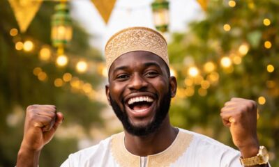 An AI-generated conceptual illustration of a peaceful Eid-el-Fitr celebration in a modern Nigerian city, featuring vibrant crescent moon decor and a festive atmosphere.