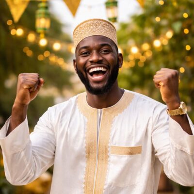 An AI-generated conceptual illustration of a peaceful Eid-el-Fitr celebration in a modern Nigerian city, featuring vibrant crescent moon decor and a festive atmosphere.