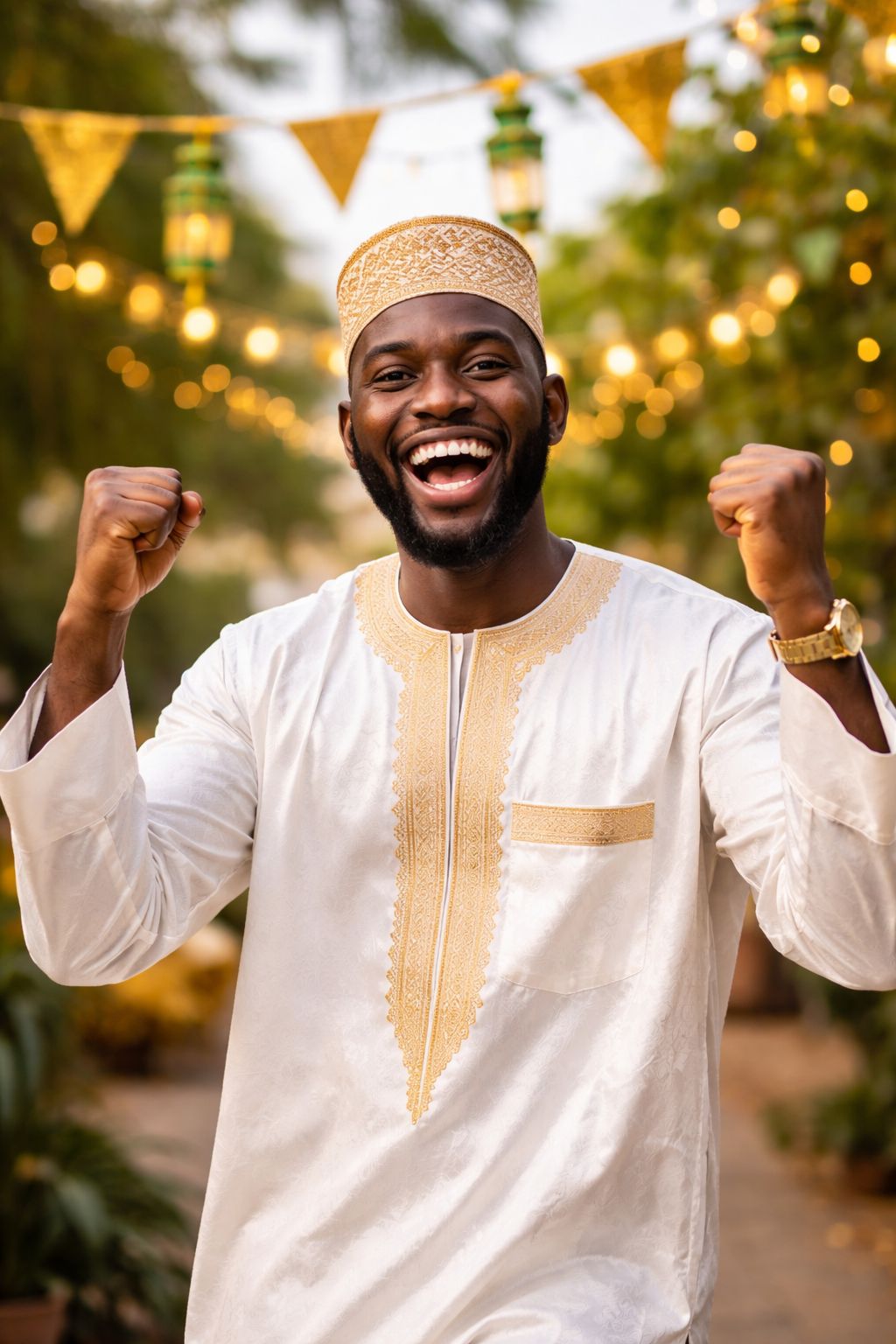 An AI-generated conceptual illustration of a peaceful Eid-el-Fitr celebration in a modern Nigerian city, featuring vibrant crescent moon decor and a festive atmosphere.