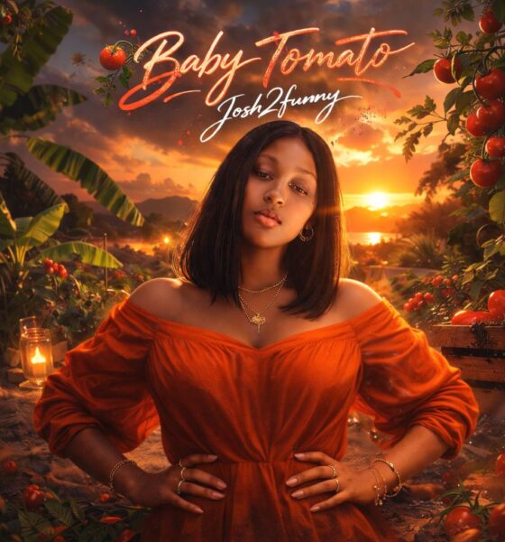 Official cover art for Josh2Funny's 2026 single "Baby Tomato" featuring a woman in an orange dress against a sunset and tomato garden backdrop.