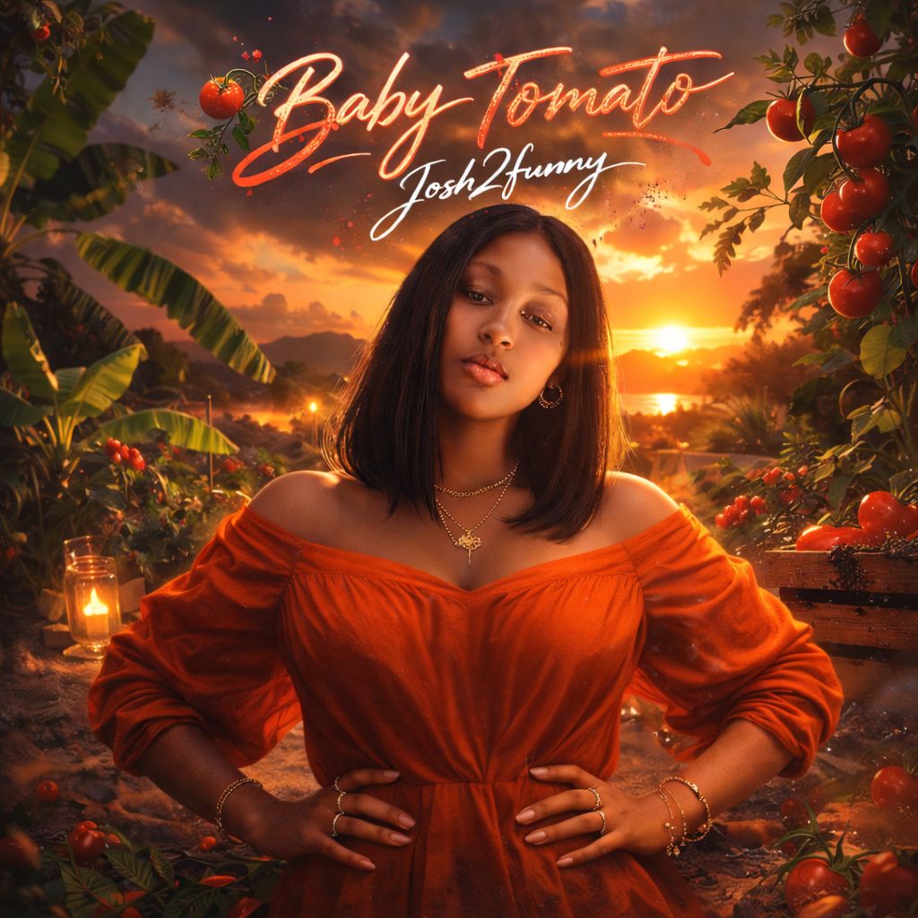 Official cover art for Josh2Funny's 2026 single "Baby Tomato" featuring a woman in an orange dress against a sunset and tomato garden backdrop.