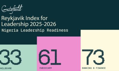 Infographic showing Nigeria’s leadership readiness scores for 2025–2026 across three sectors: Childcare at 33, Judiciary at 61, and Banking & Finance leading at 73.