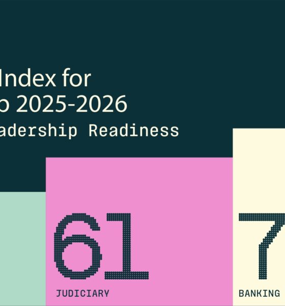 Infographic showing Nigeria’s leadership readiness scores for 2025–2026 across three sectors: Childcare at 33, Judiciary at 61, and Banking & Finance leading at 73.