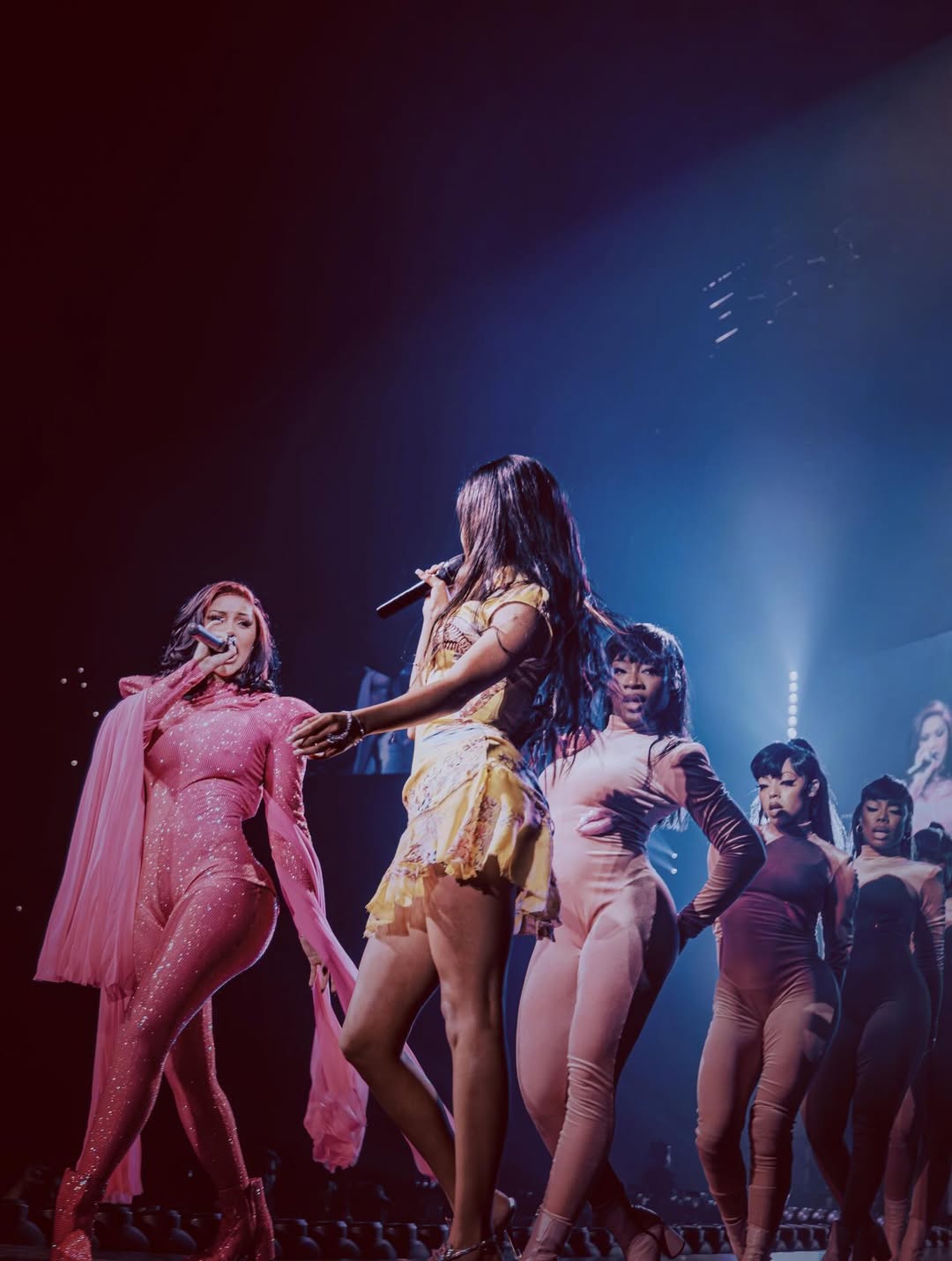 Cardi B and Tyla performing together on stage during the Little Miss Drama Tour at Madison Square Garden.