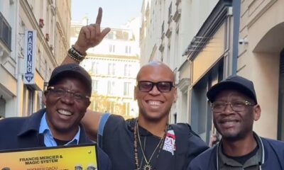 Haitian DJ Francis Mercier and Ivorian group Magic System celebrating their Platinum plaque for the Premier Gaou Nitefreak Remix in Paris.
