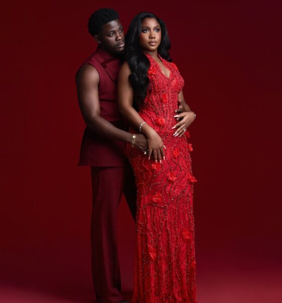 Simi Sanya in a crystal-beaded red floral gown and Femi Dapson in a deep burgundy suit for their 2026 pre-wedding photo shoot.