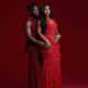 Simi Sanya in a crystal-beaded red floral gown and Femi Dapson in a deep burgundy suit for their 2026 pre-wedding photo shoot.