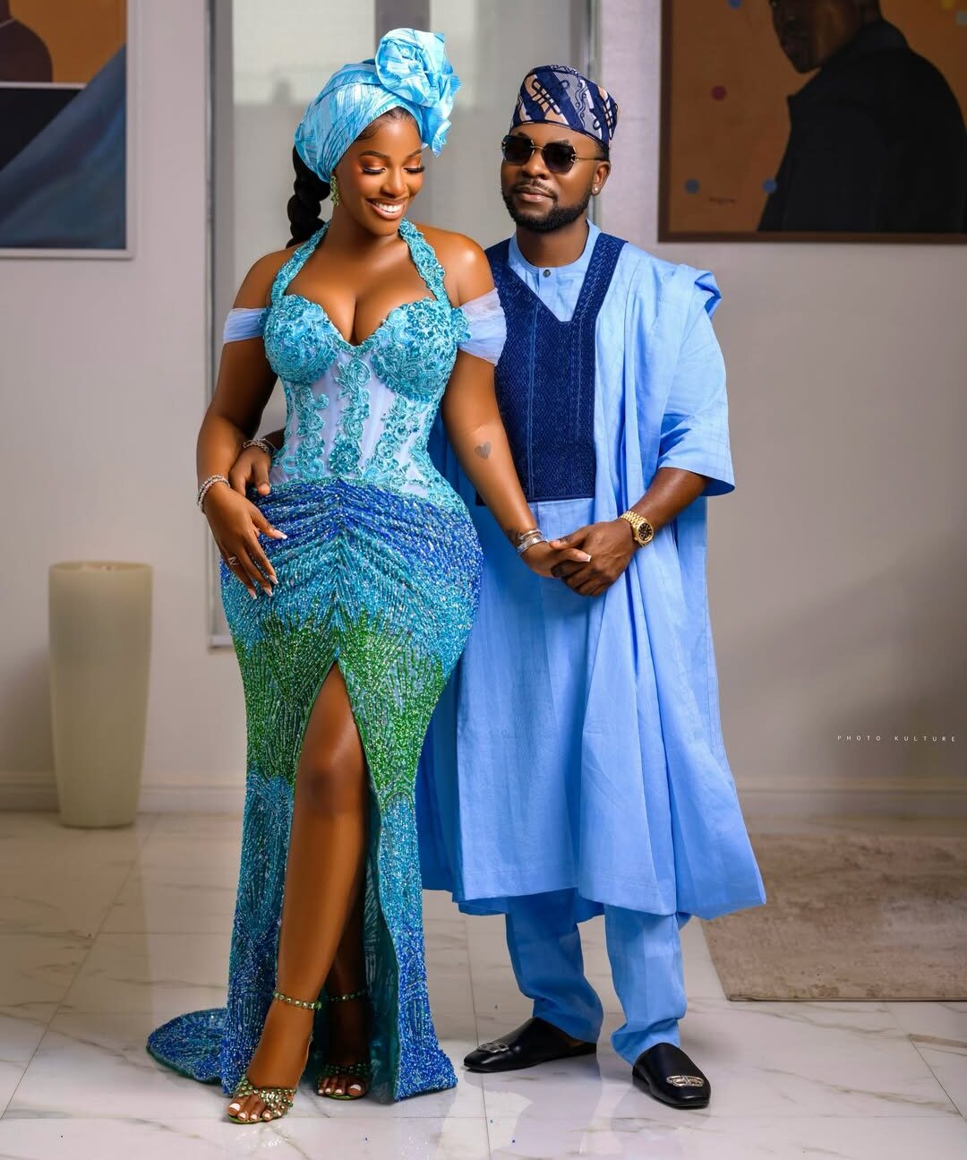Hilda Baci & Damilola Akinwunmi Arrive in Perfectly Coordinated Blues at Simi Sanya’s Traditional Wedding