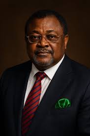 Mike Adenuga, founder of Globacom and Conoil, in a dark suit with a red striped tie and green pocket square.