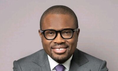 Official studio portrait of Benin’s President-elect Romuald Wadagni wearing a grey suit and purple tie.