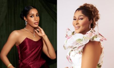 A side-by-side collage showing Nicole Chikwe in a burgundy satin gown with a thigh slit and her mother in a white floral mermaid gown with cascading organza ruffles.