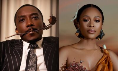 A side-by-side collage of 12th AMVCA co-hosts Bovi Ugboma in a pinstripe suit with a rose and Nomzamo Mbatha in an architectural brown leather gown.