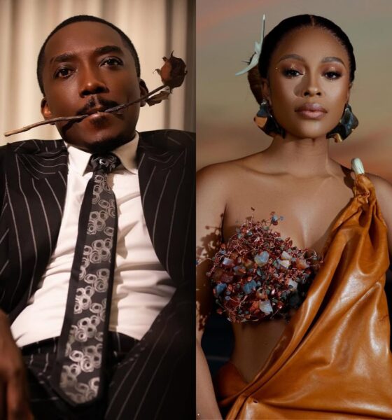 A side-by-side collage of 12th AMVCA co-hosts Bovi Ugboma in a pinstripe suit with a rose and Nomzamo Mbatha in an architectural brown leather gown.