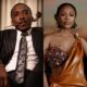 A side-by-side collage of 12th AMVCA co-hosts Bovi Ugboma in a pinstripe suit with a rose and Nomzamo Mbatha in an architectural brown leather gown.