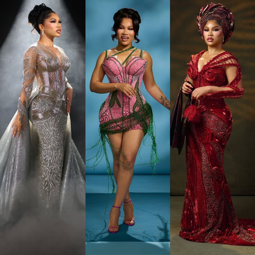 A collage of three birthday outfits worn by Adeola C Adeyemi (Diiadem) featuring a silver sculptural gown, a crimson red traditional look, and a pink sequin mini dress.