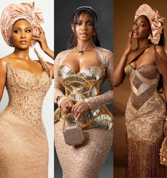 Osas Ighodaro in a beaded champagne gown (left), Priscilla Ojo in a gold architectural bodice (middle), and Dede Ashiogwu in a fringe-hemmed lace dress (right) at Diiadem’s 35th birthday party.