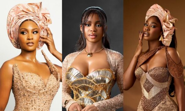 Osas Ighodaro in a beaded champagne gown (left), Priscilla Ojo in a gold architectural bodice (middle), and Dede Ashiogwu in a fringe-hemmed lace dress (right) at Diiadem’s 35th birthday party.