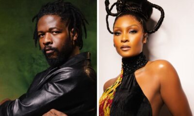 A side-by-side portrait of Nigerian actress Osas Ighodaro in a black halter dress and singer Johnny Drille in a black leather jacket.