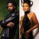 A side-by-side portrait of Nigerian actress Osas Ighodaro in a black halter dress and singer Johnny Drille in a black leather jacket.