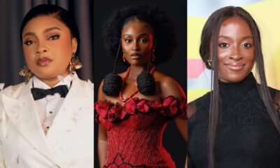 A vertical collage featuring three AMVCA 2026 nominees: Scarlet Gomez in a white suit, a fellow nominee in a red traditional gown, and Genoveva Umeh in a black lace dress.