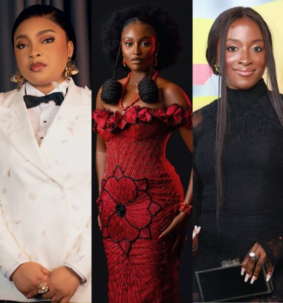 A vertical collage featuring three AMVCA 2026 nominees: Scarlet Gomez in a white suit, a fellow nominee in a red traditional gown, and Genoveva Umeh in a black lace dress.