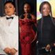 A vertical collage featuring three AMVCA 2026 nominees: Scarlet Gomez in a white suit, a fellow nominee in a red traditional gown, and Genoveva Umeh in a black lace dress.
